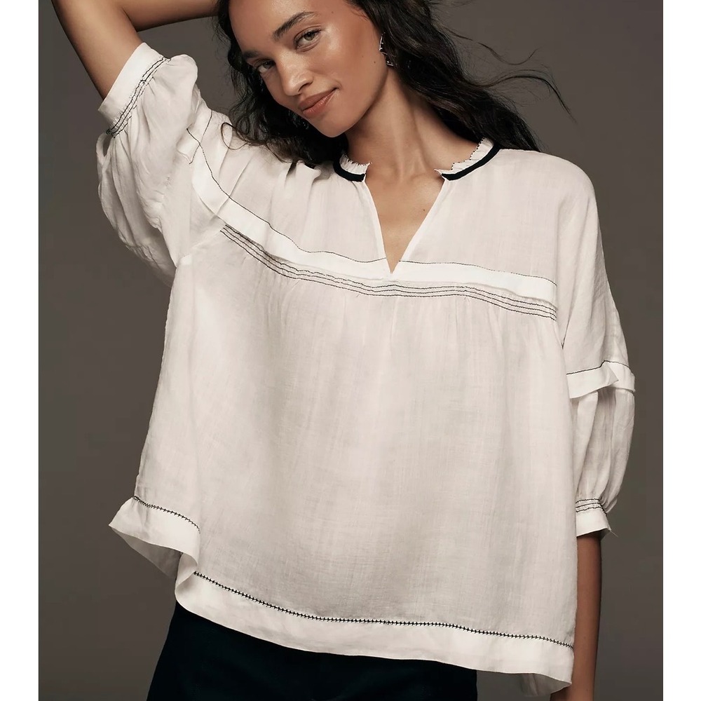 Maeve Anthropologie White Linen Whipstitch Puff Sleeve Blouse Large